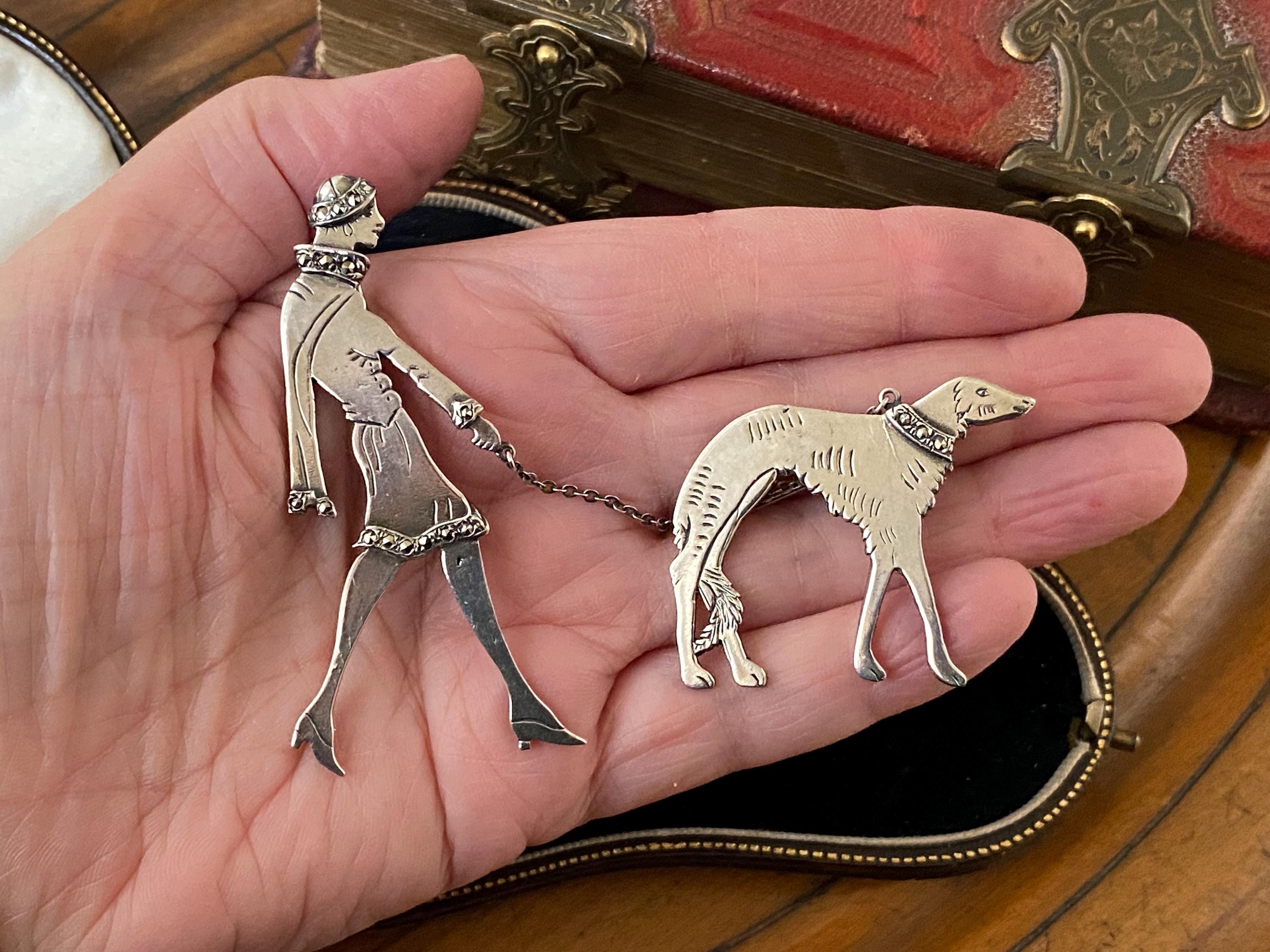 Fabulous unusual large vintage English hallmarked sterling silver art deco style lady with dog on lead double brooch /pin
