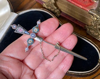 Unusual antique sterling silver micro mosaic with face detail sword jabot brooch /pin