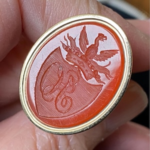 Antique Georgian /Victorian large gold plated hardstone heraldic Phoenix bird /initials intaglio wax seal fob pendant