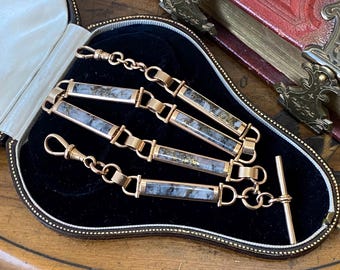 Fantastic rare antique Victorian 585 14ct gold mounted gold bearing quartz albertina watch chain with dog clips & 9ct gold T bar