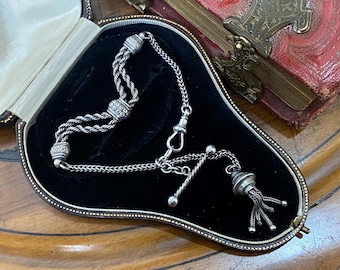 Fabulous antique Victorian/Edwardian Sterling silver albertina watch chain with T bar ,tassel & dog clip clasp /ideal bracelet
