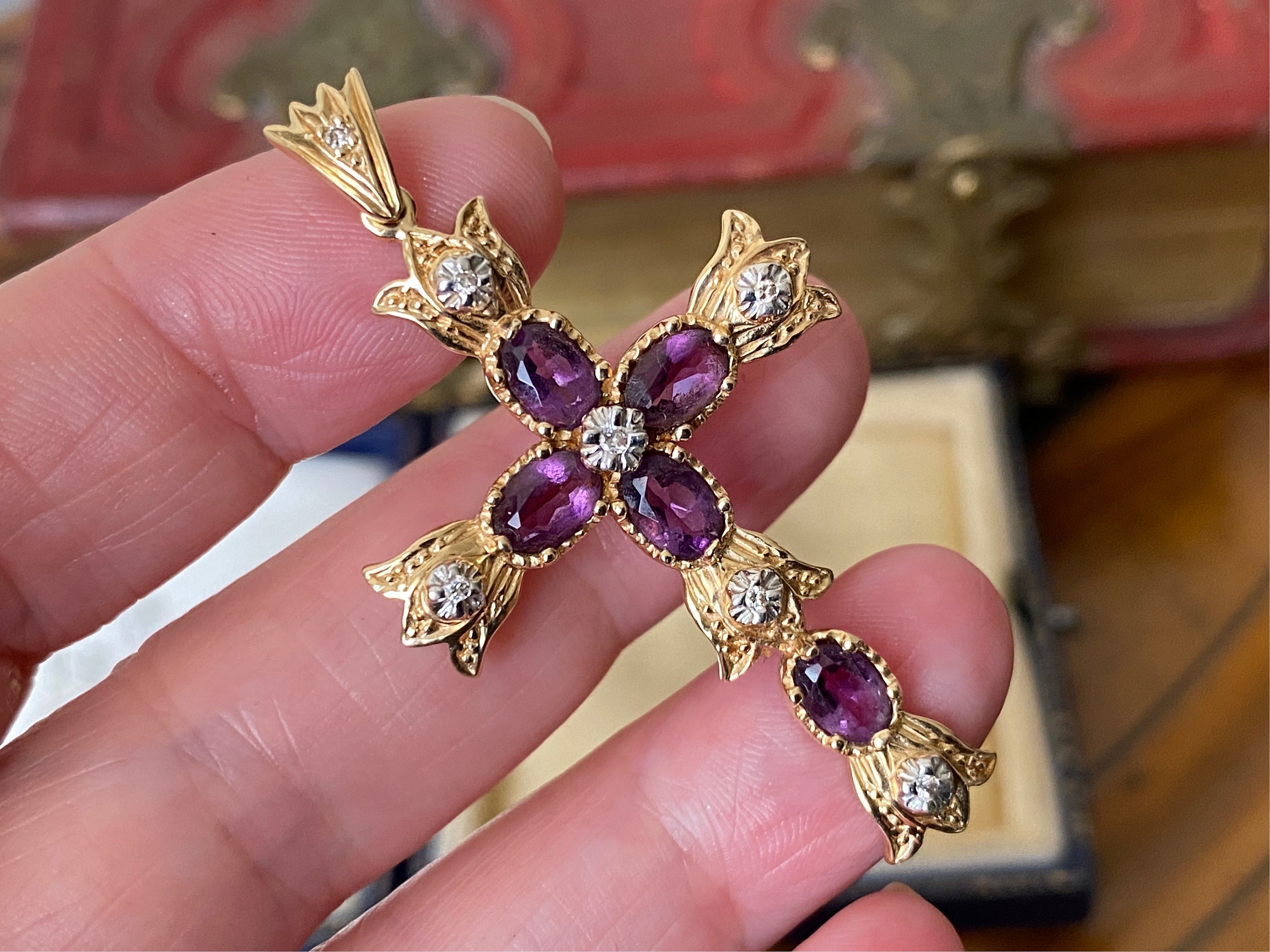 Stunning Vintage 585 14ct Gold Amethyst & Diamond Cross Necklace Pendant -  Etsy