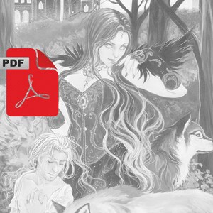Lady of the Woods PDF single coloring page hollow moon art