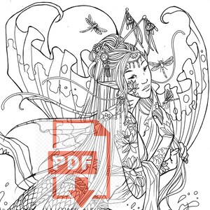 Chinese Dragonfly Mermaid Single PDF Lineart coloringpage