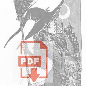 Witchy grayscale single PDF coloring page