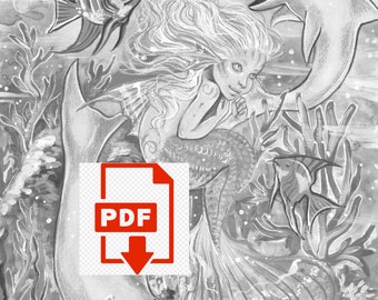 Mermaid Child Grayscale PDF 3 tone coloringpage