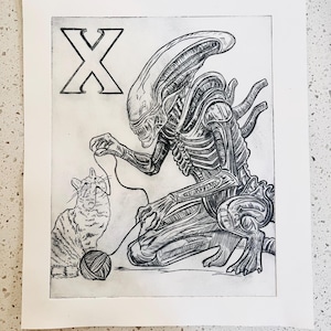 May include: Black and white illustration of an alien playing with a cat. The alien is holding a string attached to a ball of yarn. The cat is looking at the yarn. The letter "X" is in the top left corner of the image.