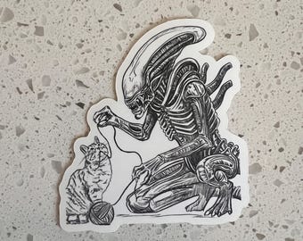 Pegatina impermeable de Xenomorfo y Gato: Calcomanía para portátil o botella de agua