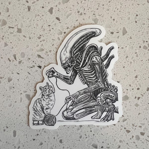 Xenomorph & Cat Waterproof Sticker: Laptop, Water Bottle Decal