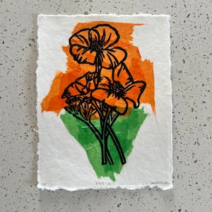 Poppies - Chine Collé Linocut Flower Print for Wall Art - various colors