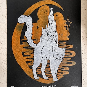 Spooky Cat-stle - Linocut Print for Wall Art