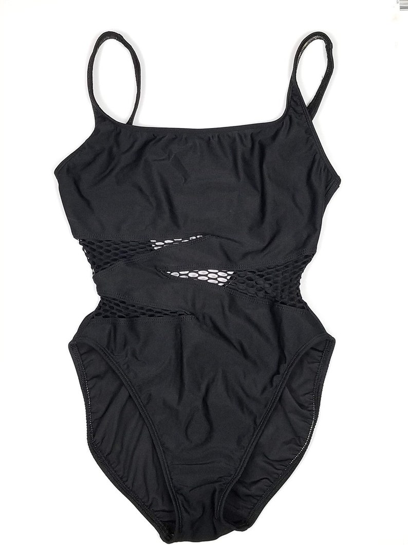 Vtg 80s La Blanca Black Cut Out Mesh One Piece Swimsuit Small