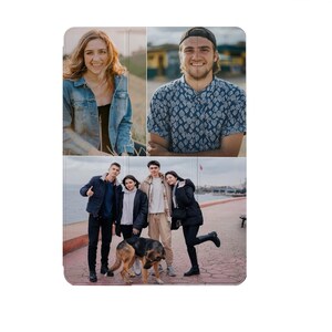 May include: A personalised tablet case with four photo panels. The top panels show individual portraits, while the bottom panels display a group photo with a dog. The case is white with a glossy finish, designed to protect the tablet.