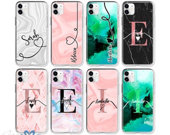 Personalised Initials/Name Marble Clear Rubber Phone Case Covers for Apple iPhone and Galaxy Samsung Hauwei Any Name Printed - MH04