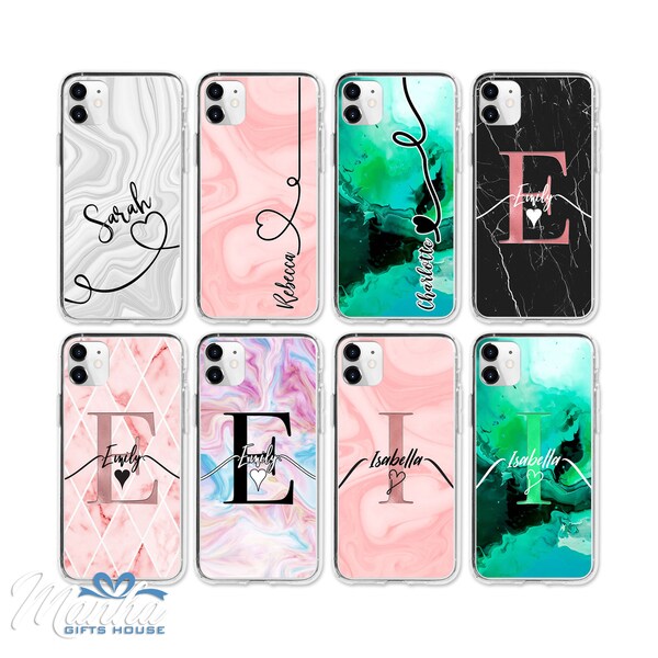 Personalised Initials/Name Marble Clear Rubber Phone Case Covers for Apple iPhone and Galaxy Samsung Hauwei Any Name Printed - MH04