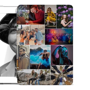 May include: A collage of photos featuring people in various settings. The photos include a group of friends, a woman in a yellow dress, a woman with purple flowers, a woman with blue hair, and a couple in a cafe.