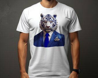 Blue Tiger in Suit T-Shirt, Unique Animal Graphic Tee, Men's Fashion Statement Shirt, Cool Wild Cat Illustration Top