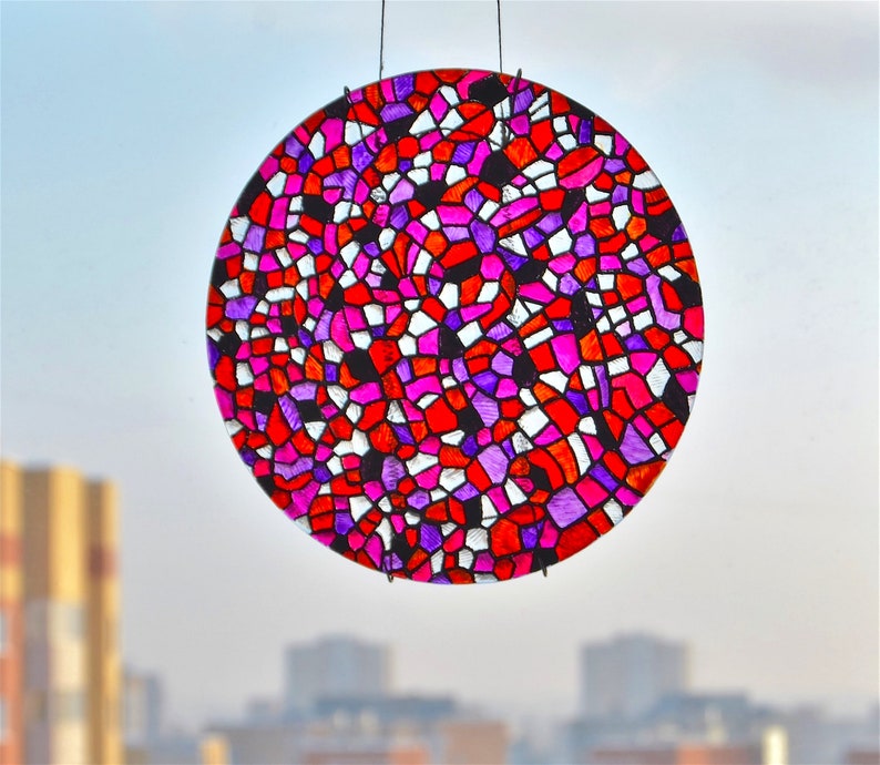 Sun catcher round pink and purple glass Mosaic window hanging