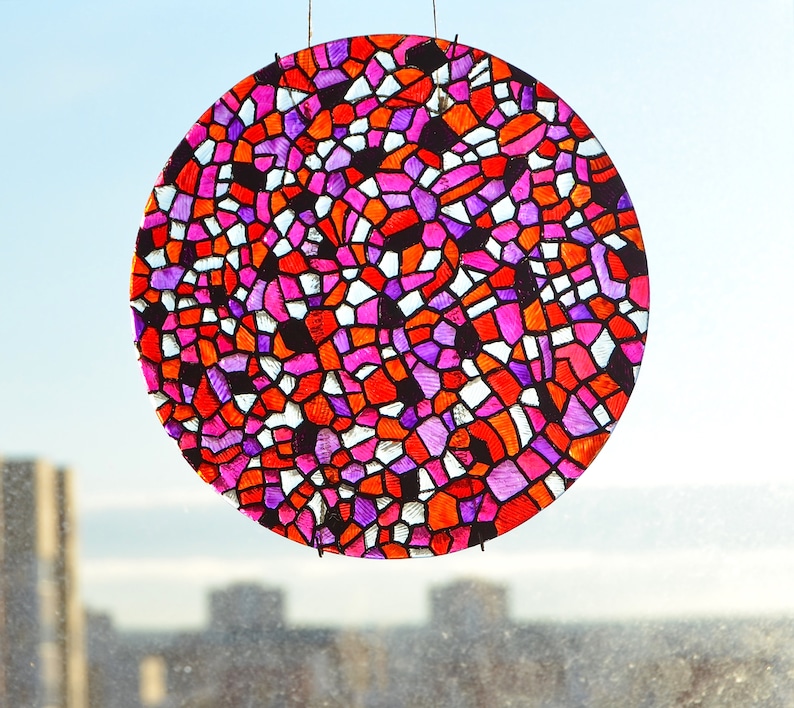 Sun catcher round pink and purple glass Mosaic window hanging