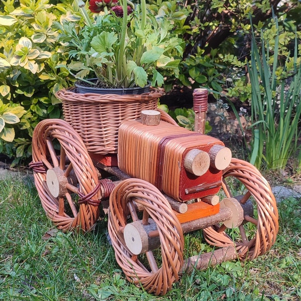 Tracteur décoratif, bol à plantes, tracteur en saule tressé - 40 x 21 cm marron clair