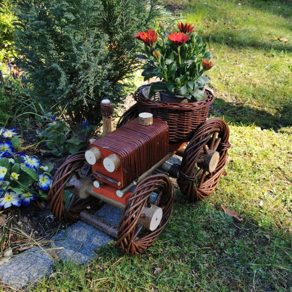 Decorative tractor, planter, tractor made of wicker - 51 x 24.5 cm dark brown