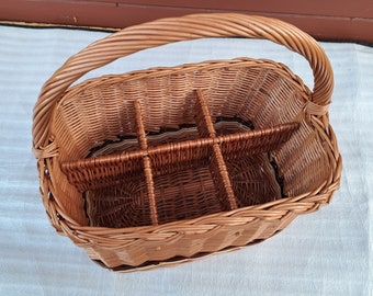 Portabottiglie per 6 bottiglie, cestino in vimini, portabevande, cestino da picnic, borsa cestino in rattan, intrecciato