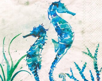 Blue Seahorse Duo Paper Napkins, Two Cocktail Beverage Paper Napkins, Decoupage, Collage, Ephemera, Journaling, Seahorses, Coral, Sea