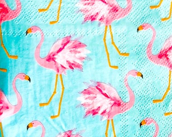 Pink Flamingoes Paper Napkins, Two Cocktail Beverage Paper Napkins, Decoupage, Collage, Ephemera, Journaling, Bird Napkins, Tropical