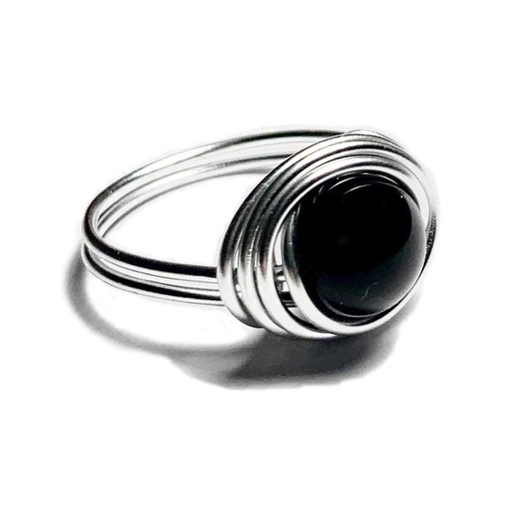 EBANO 00, Silver Aluminum Wire Ring and Black Onyx Volcanic Stone 