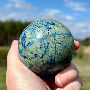 Azurite, malachite, chrysocolle, veines, sphère cristalline B, bleu-vert, planète Terre image 11