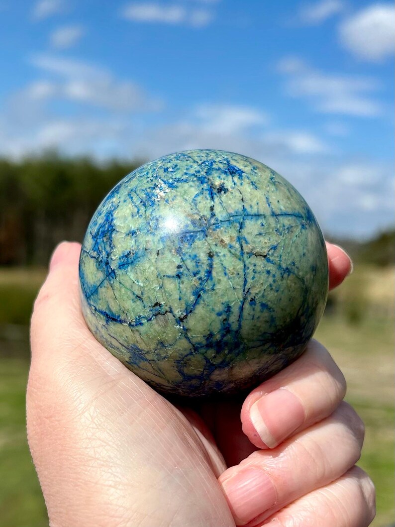 Azurite, malachite, chrysocolle, veines, sphère cristalline B, bleu-vert, planète Terre image 11