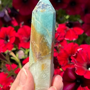 May include: A polished crystal obelisk with a pointed top. The crystal features a blend of colors, including light blue, gold, and white. The obelisk is held in front of a backdrop of vibrant red flowers.