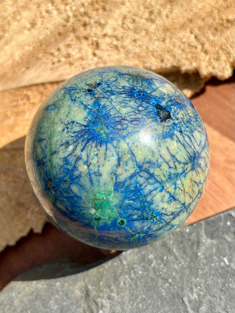 Azurite, malachite, chrysocolle, veines, sphère cristalline B, bleu-vert, planète Terre image 12