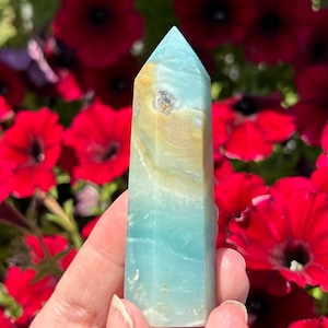 May include: A polished crystal tower with a light blue and tan color scheme. The crystal has a pointed top and is held in a person's hand. The background features red flowers.