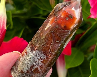 Carnelian red moss agate crystal tower green white