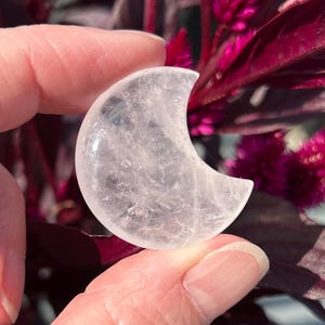 Rose quartz pink crystal mini moon carving carved crystals  stone love relationships self bra pocket size travel crescent moons triple