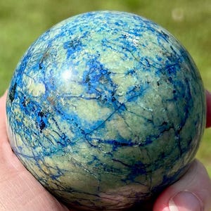 Azurite, malachite, chrysocolle, veines, sphère cristalline B, bleu-vert, planète Terre image 7