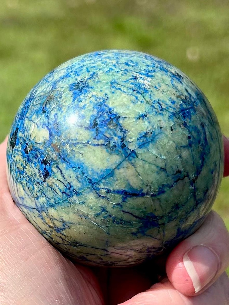 Azurite, malachite, chrysocolle, veines, sphère cristalline B, bleu-vert, planète Terre image 7