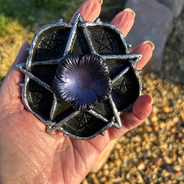 Pentacle pentagram 5 point star Crystal sphere holder black purple silver personal protection symbol witchcraft earth air fire water spirit