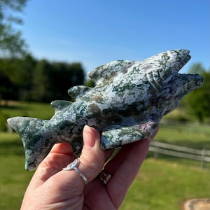 Moss Agate Ocean Jasper Shark Carving: Natural Crystal Sculpture