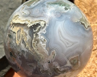 Druzy Moss Agate Crystal Sphere: Natural Geode, 60mm