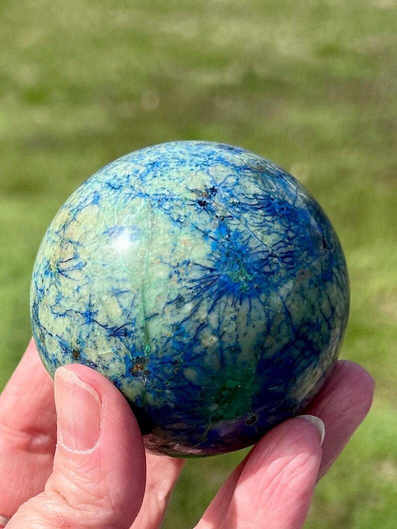Azurite, malachite, chrysocolle, veines, sphère cristalline B, bleu-vert, planète Terre image 10