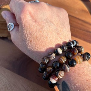 Black banded agate crystal bead bracelet bracelets stone round beads banding white crystals 10mm