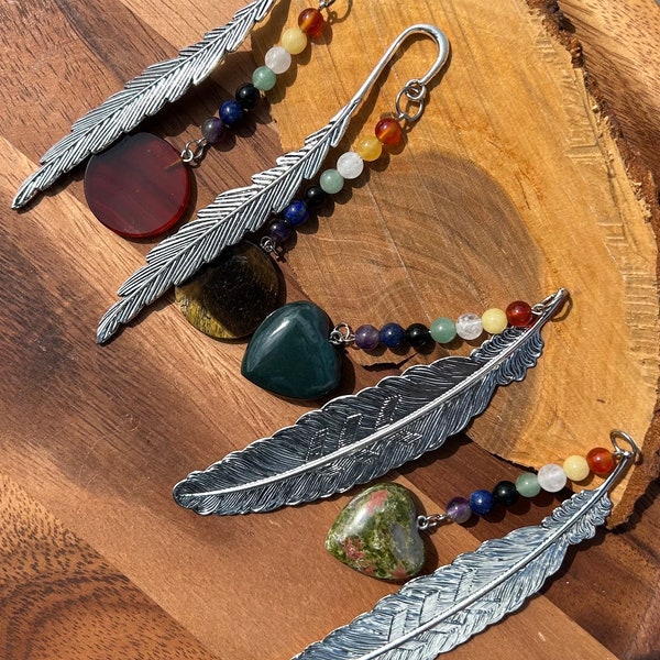 Crystal bookmarks Indian agate Unakite carnelian disc dangle charm bookmark beads metal lapis lazuli tigers eye hearts crystals feathers