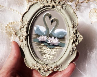 Swan Painting Romantic Wall Art White Birds Water Lily Vintage Framed Ornate Rustic Textured Elegant Cottage Lake Home Decor by IQArtStudio