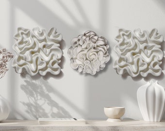 Set Of 3 White Clay Ruffles Draped Coral Sculpture Plaster Wall Art 3D Tile Waves Textured Plaster Minimalist Ceramic Flower by IQArtStudio