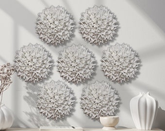 Dahlia Flower Clay Wall Art Wabi Sabi Beige 3D Tile Textured Coral Sculpture Original Minimalist Round Urchin White Ceramic by IQArtStudio