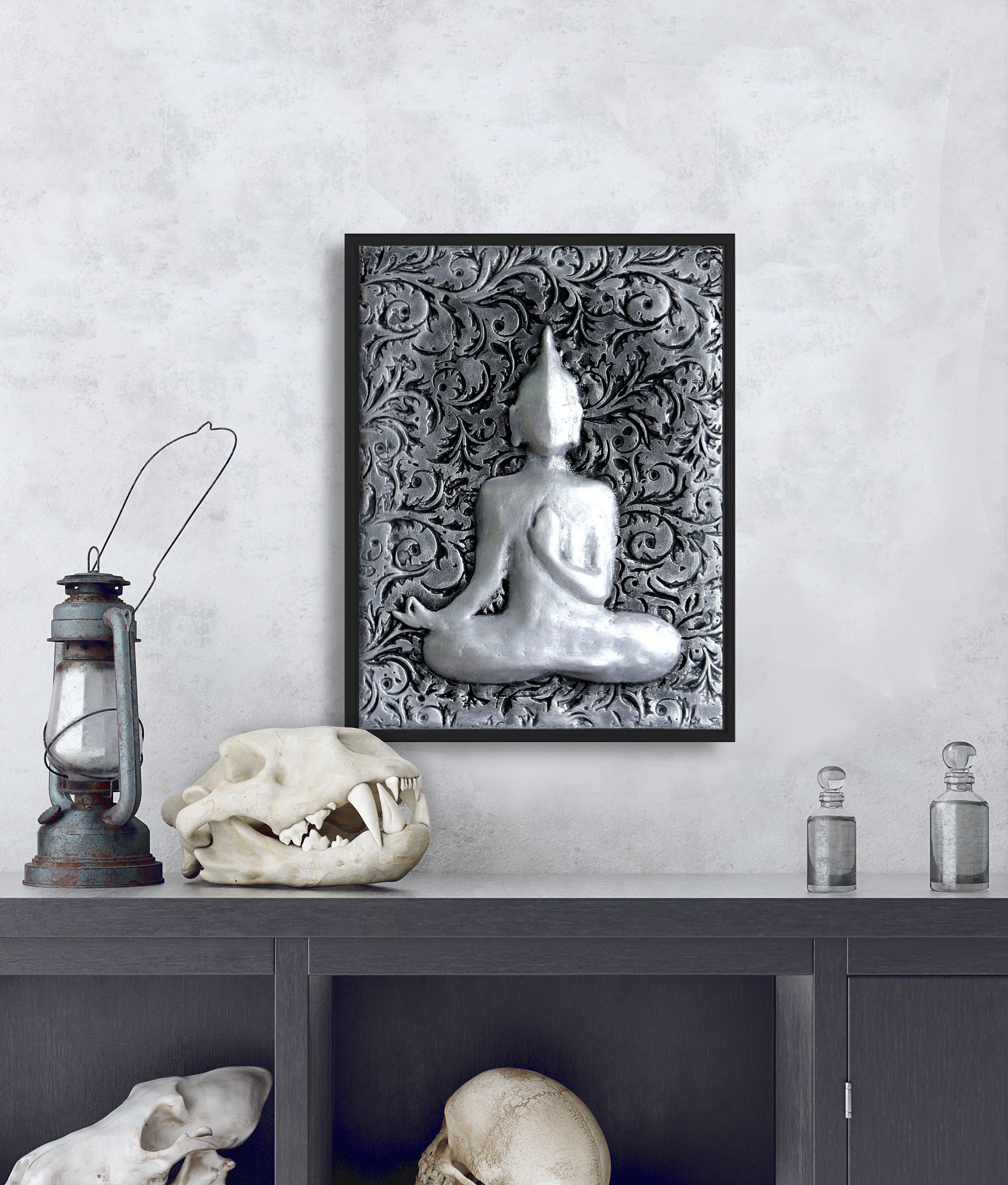Brushed Silver Buddha Wall Art Plaque Ornate Carved Sculptured Etsy UK