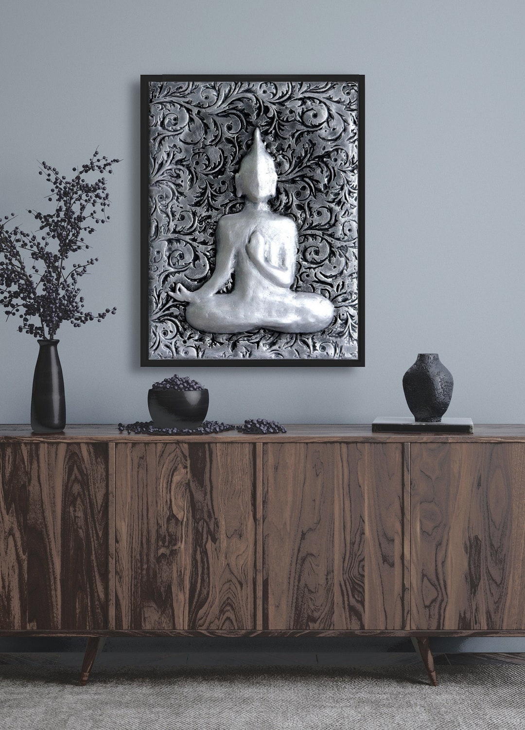 Brushed Silver Buddha Wall Art Plaque Ornate Carved Sculptured Etsy