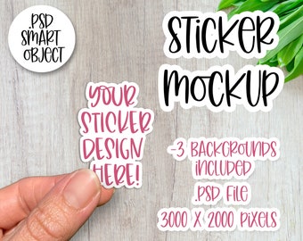 May include: A mockup of a sticker with the text "YOUR STICKER DESIGN HERE!" in pink lettering on a white background. The sticker is being held by a hand. The text "STICKER MOCKUP" is in black lettering on a white background. The text "3 BACKGROUNDS INCLUDED" is in black lettering on a white background. The text ".PSD File 3000 X 2000 Pixels" is in black lettering on a white background.